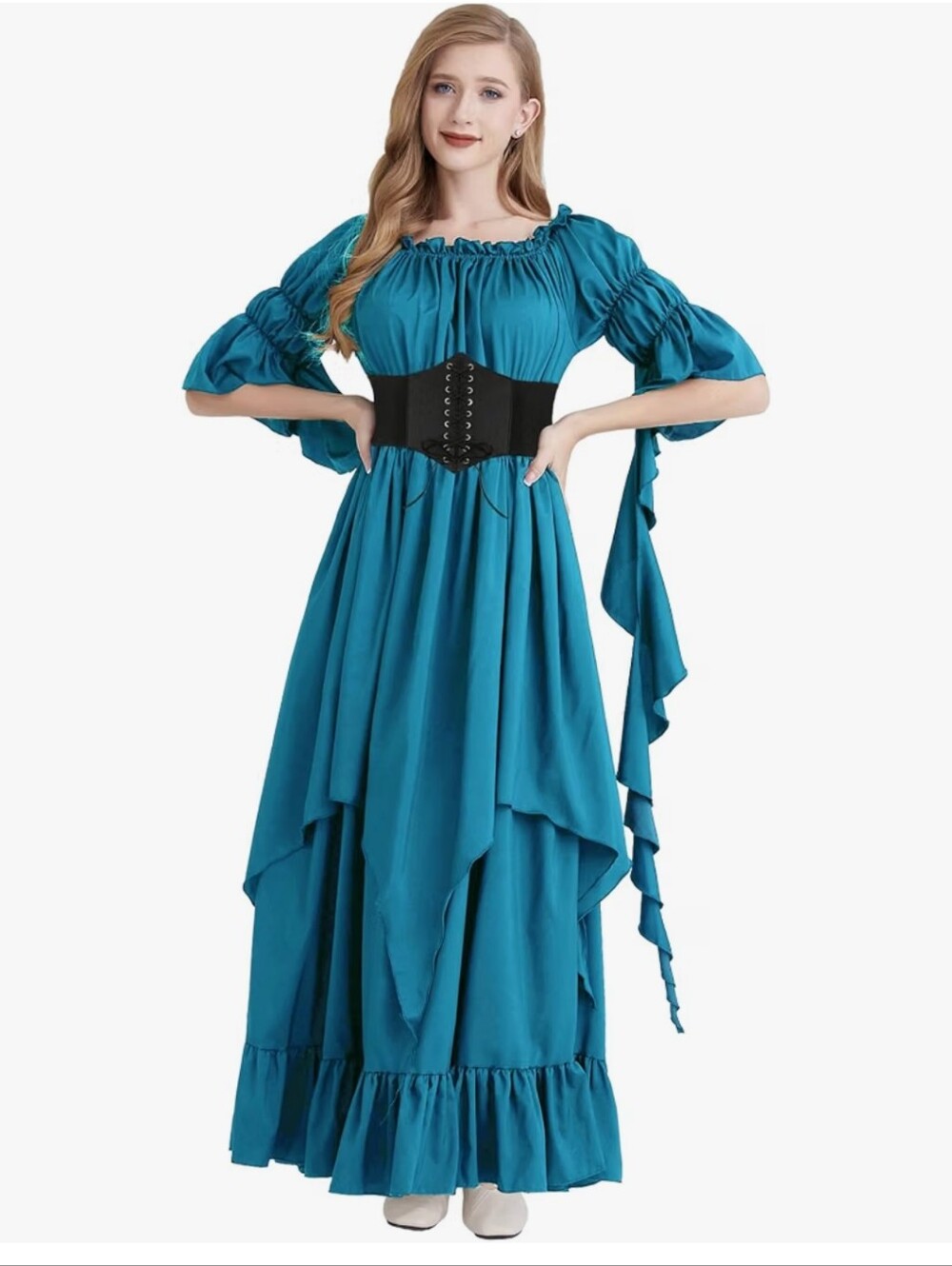 Women's Teal Peasant Maxi Dress with Black Corset Waist (NWOT) Small/Medium